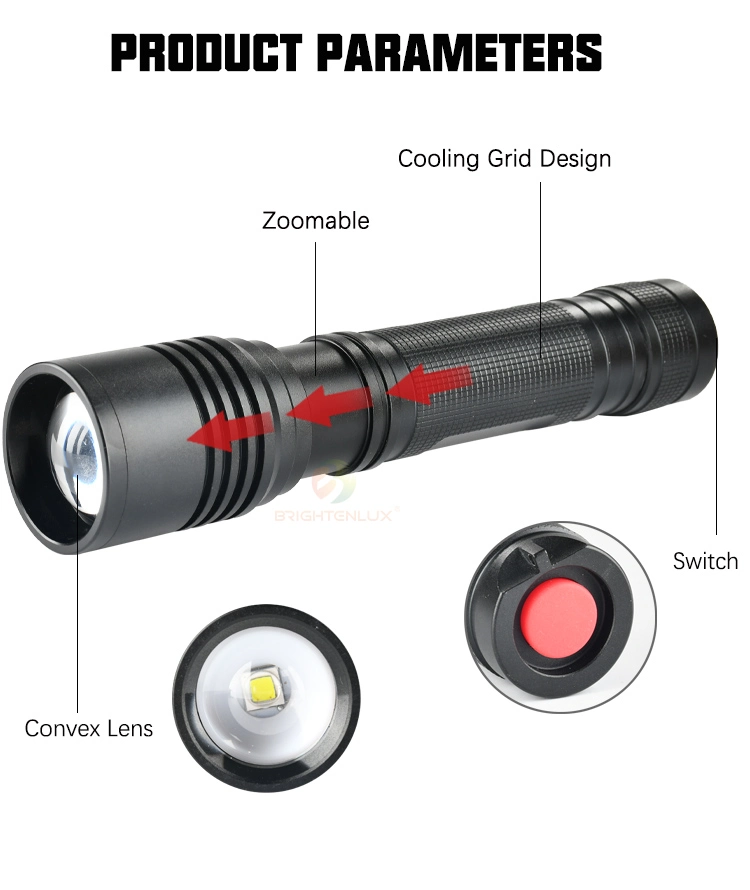 Brightenlux High Quality Ultra Endurance Dry Battery Metallic High Power Tactical Zoomable LED T Torch Light